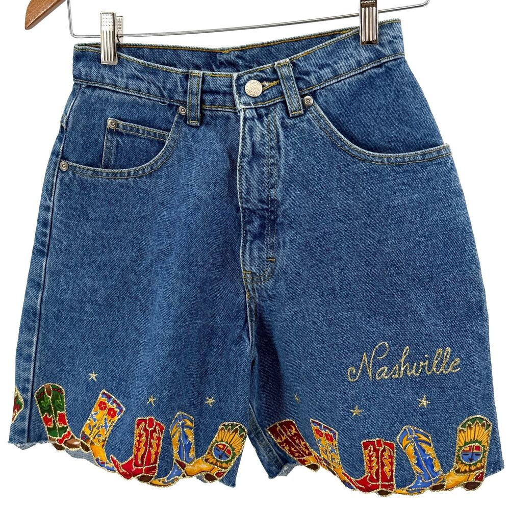 Vintage 90s Nashville Cowboy Boot Applique Denim Shorts